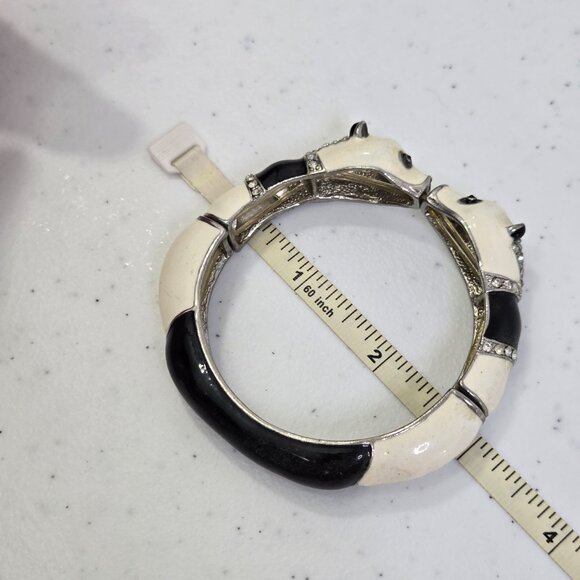 Vintage 80s Panda Bracelet Enamel Rhinestone Stretch Bangle Figural Silver Tone - Picture 10 of 10